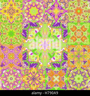 Vector seamless patchwork background from colorful oriental ornaments, polka dot patterns, rosette from stylized flowers and leaves. Geometrical decorative  textile print Stock Vector