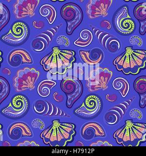 Seamless pattern of hand drawn seashells. Vector summer's children's doodle background. Stock Vector