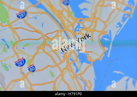 Close up view of a digital map of New York City on a smartphone display Stock Photo
