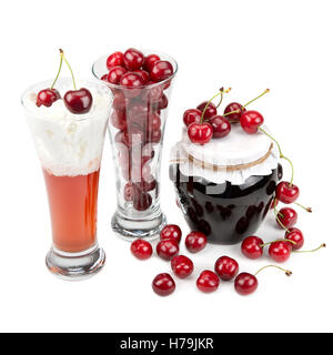 fresh cherries and cherry desserts isolated on a white background. Stock Photo