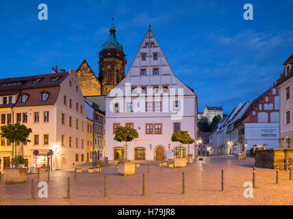 Market Square and St Marien Church at dusk, Pirna, Saxony, Germany Stock Photo