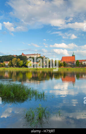 View of River Elbe and Sonnenstein Castle, Pirna, Saxony, Germany Stock Photo