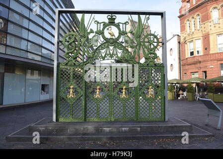 Ornamental gateway was located at the main entrance of the Liverpool Sailors Home. Now renovated and on Paradise Street in Liverpool One. Stock Photo