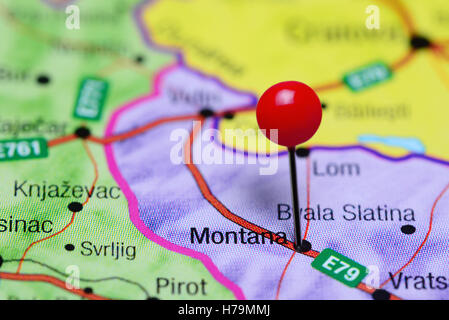 Montana pinned on a map of Bulgaria Stock Photo