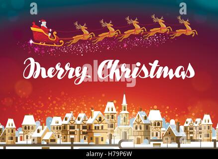 Merry Christmas. Santa Claus in sleigh flying over town Stock Vector