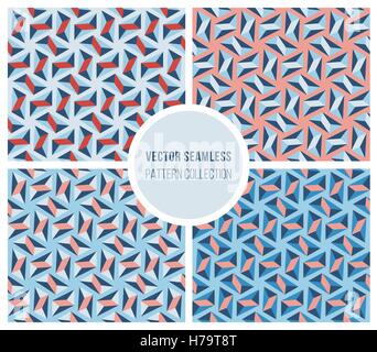 Set of Four Seamless Vector Blue Pink Geometric Triangle Hexagonal Patterns Stock Vector
