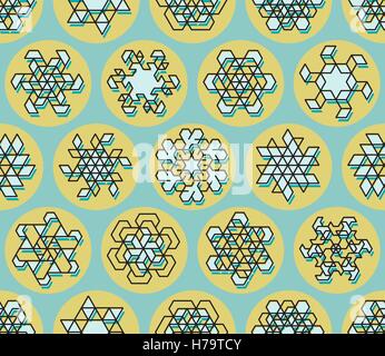 Vector Seamless Line Art Stroke Offset Geometric Teal  Snowflake Shape on Yellow Circle Background Stock Vector