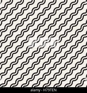 Vector Seamless Black And White Simple Diagonal Wavy Lines Pattern Stock Vector