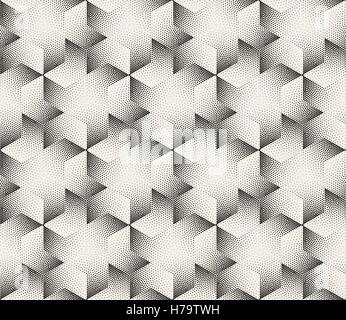 Vector Seamless  Black and White Stripes Stippling Halftone Dots Hexagonal Triangular Pattern Stock Vector