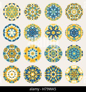 Set of Sixteen Round Blue Yellow Mandala kaleidoscope Geometric Ornaments Circles Stock Vector