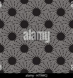 Vector Seamless Black and White Optical Art ZigZag Rays Round Circles Pattern Stock Vector