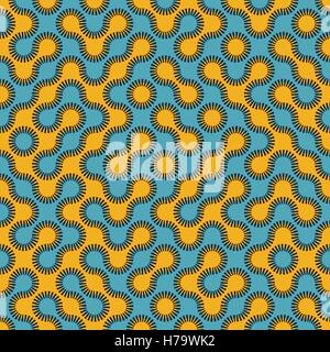 Vector Seamless Blue and Yellow Rounded Circle Maze Dashed Line Truchet Pattern Stock Vector