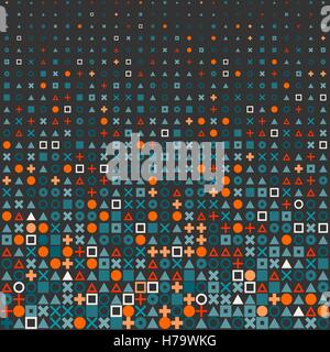 Vector Circle Square Cross Shapes Halftone Grid Pattern In Red Orange and Blue on Dark Background Stock Vector