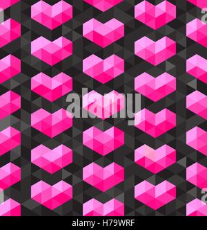 Vector Seamless Geometric Pink Hearts Shapes on Dark Triangle  Polygons Background Stock Vector