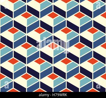 Vector Seamless Geometric Tiling Pattern In Blue and Orange Colors With White Outline Stock Vector