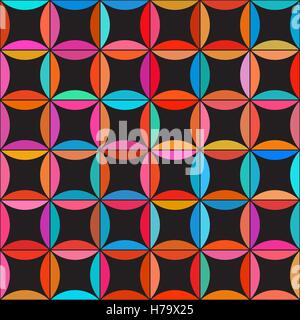 Vector Seamless Colorful Circle Star Quilt Tiling Pattern on Dark Background Stock Vector