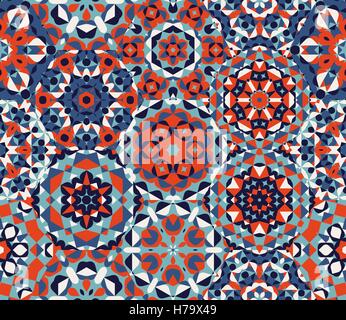 Vector Seamless Red Blue One Block Wonder Quilt  Ornaments Patchwork Pattern Stock Vector