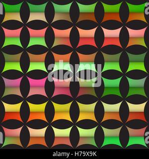 Vector Seamless Colorful Gradient Rounded Star  Quilt Tiling Black Arc Grid Pattern Stock Vector