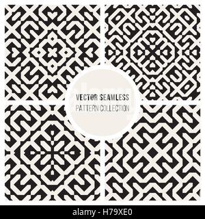 Set of Four Vector Seamless Black And White Ethnic Geometric Blocks Pattern Stock Vector