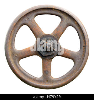 Industrial Valve Wheel And Rust Stem, Old Aged Weathered Rusty Grunge Latch Macro Closeup Isolated Stock Photo