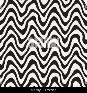 Vector Seamless Black and White Rounded Rough Hand Painted Wavy Lines Pattern Stock Vector