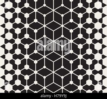 Vector Seamless Black and White Line Connected Hexagon Grid Halftone Gradient Pattern Stock Vector