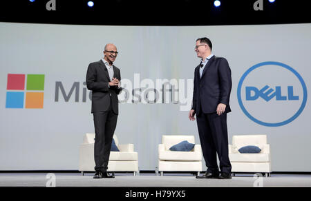 Satya Nadella, CEO of Microsoft, left, and Michael Dell, Dell Inc. founder and CEO of Dell at Dell World 2015 in Austin, Texas. Stock Photo