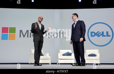 Satya Nadella, CEO of Microsoft, left, and Michael Dell, Dell Inc. founder and CEO of Dell at Dell World 2015 in Austin, Texas. Stock Photo