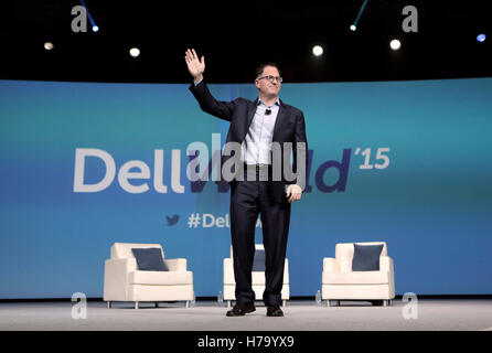 Michael Dell, founder and CEO of Dell Inc., speaks at the Dell World 2015 technology conference in Austin, Texas. Stock Photo