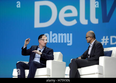 Satya Nadella, CEO of Microsoft, left, and Michael Dell, Dell Inc. founder and CEO of Dell at Dell World 2015 in Austin, Texas. Stock Photo