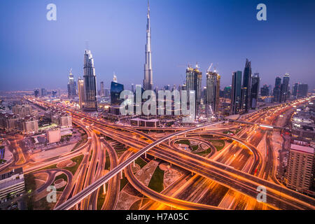 Dubai skyline with beautiful city close to it's busiest highway on traffic Stock Photo