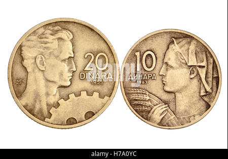 Yugoslav coins from 1955 and 1963 showing an engineer and a farm worker Stock Photo