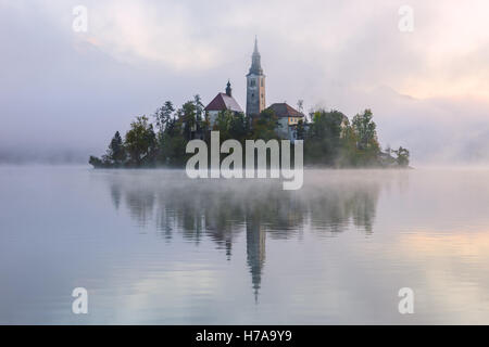 Amazing sunrise at the lake Bled in autumn, Slovenia, Europe Stock Photo