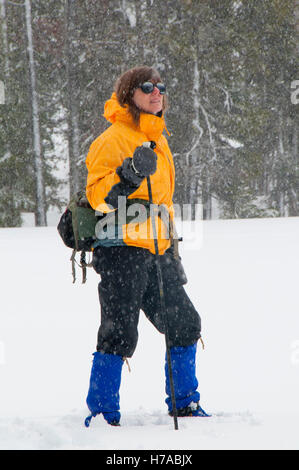 Snowshoeing near Benson Sno-park, Santiam Recreation Area, Willamette National Forest, Oregon Stock Photo
