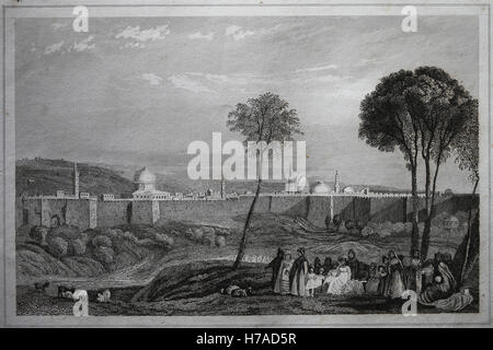 Jerusalem. Walls. Engraving, 19th century. Stock Photo