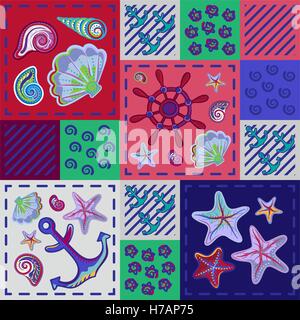 Seamless marine pattern in patchwork style with shells starfish wheel and anchor. Beautiful graphic sea background. Set of seamless marine background. Stock Vector