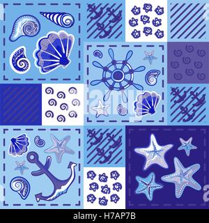 Seamless marine pattern in patchwork style with shells starfish wheel and anchor. Beautiful graphic sea background. Set of seamless marine background. Stock Vector