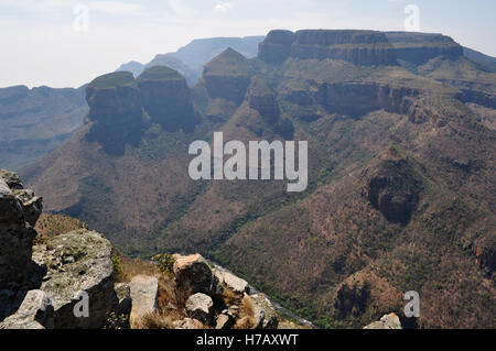 South Africa: Three Rondavels in Blyde River Canyon, a huge round rocks thought to be reminiscent of the huts of the indigenous Stock Photo