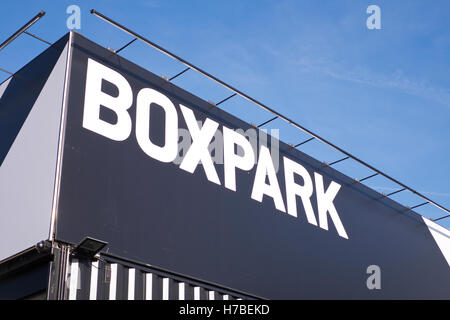 Newly opened but unfinished Boxpark pop-up mall selling street food and drinks in Croydon Greater London United Kingdom Stock Photo