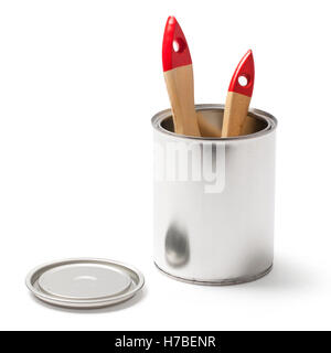 Open blank metallic paint can and two brushes with clipping path isolated on white. Stock Photo