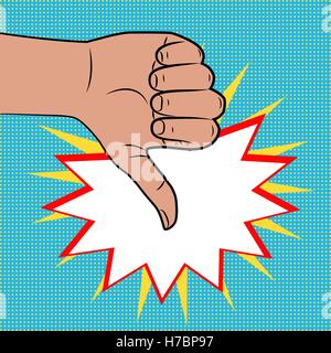 Hand sign thumbs down comic retro pop art style white round bubble. Gestures dislike. Cartoon comic vector colored speech bubble Stock Vector