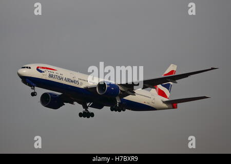British Airways Boeing 777-200ER G-VIIJ landing at London Heathrow Airport, UK Stock Photo