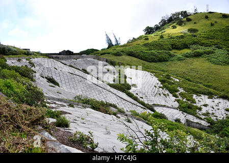 The Water Catchment Area and old Marine barracks on Green Mountain on Ascension Island Stock Photo