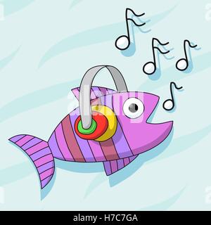 Fish listening music with headphones Stock Vector
