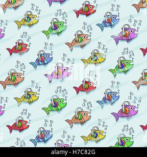 repetitive pattern with fish who listen to music Stock Vector