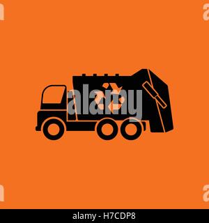 Garbage car recycle icon. Orange background with black. Vector illustration. Stock Vector