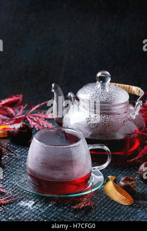 Autumn red hibiscus tea in glass cup and teapot standing on dark wet texture background with fall maple leaves and chestnuts. Sp Stock Photo