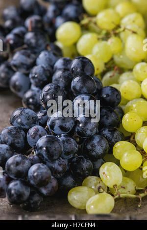 Bunches of ripe wet red and white grapes over old texture metal background. Close up Stock Photo