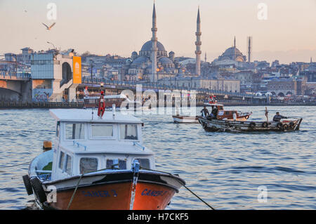 View of the Golden Horn. Part of Galata Bridge, and the New Mosque (Yeni Cami, in the middle of the image) can be seen on the op Stock Photo