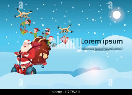 Santa Claus With Sack Ride Electric Segway Scooter, Elf Flying On Drone Present Delivery Christmas Holiday New Year Banner Flat  Stock Vector